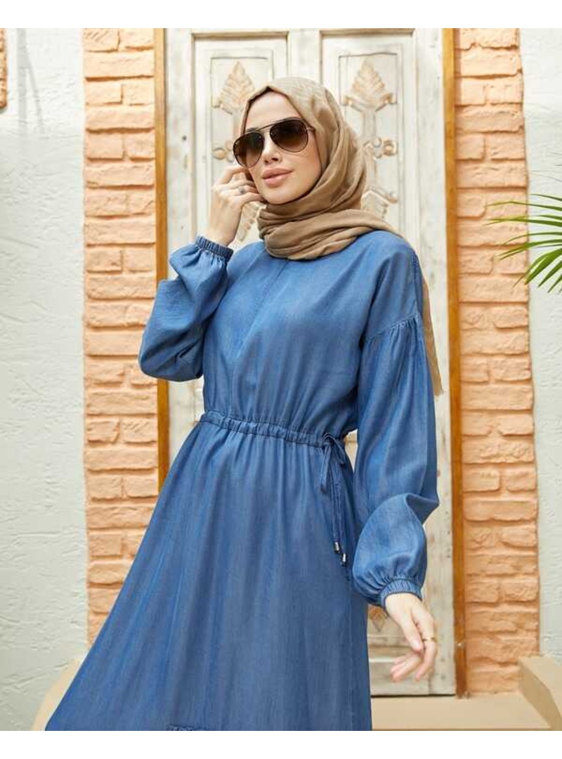 6570-Denim Asimetrik Büzgülü Elbise Koyu Mavi - Resim 2