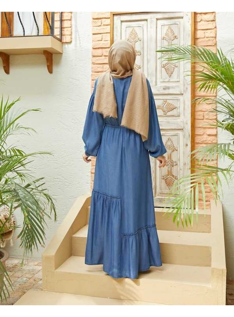 6570-Denim Asimetrik Büzgülü Elbise Koyu Mavi - Resim 3