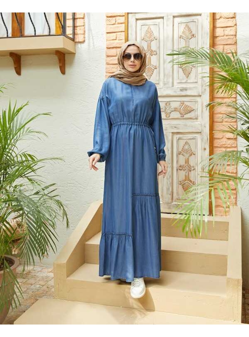 6570-Denim Asimetrik Büzgülü Elbise Koyu Mavi - Resim 4