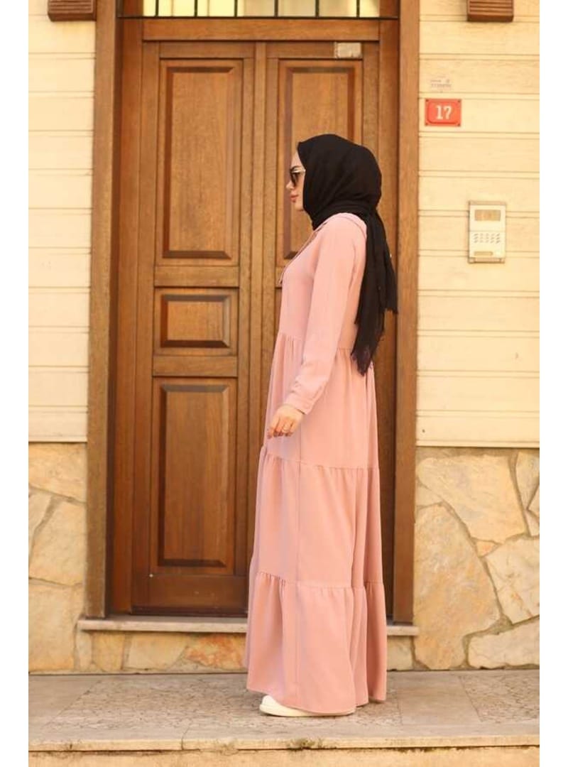 6531-Krep Kapşonlu Reglan Kollu Elbise Pudra - Resim 2