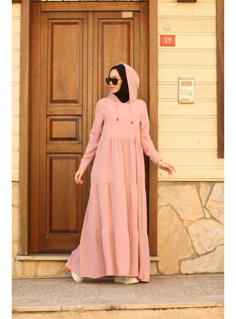 6531-Krep Kapşonlu Reglan Kollu Elbise Pudra - Resim 4