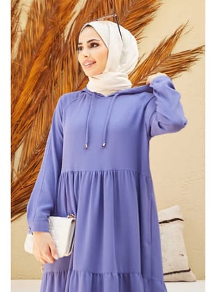 6531-Krep Kapşonlu Reglan Kollu Elbise Eflatun