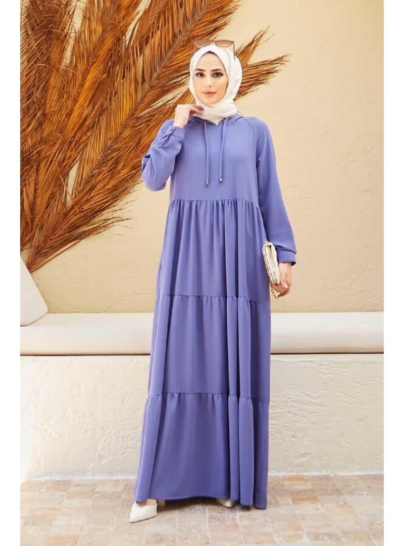 6531-Krep Kapşonlu Reglan Kollu Elbise Eflatun - Resim 2
