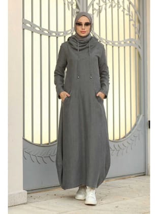 6034-Denim Kapşonlu Elbise Gri