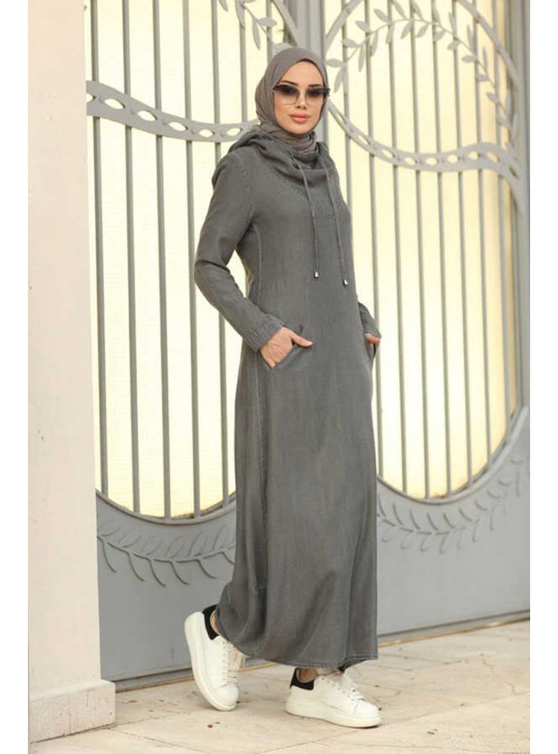6034-Denim Kapşonlu Elbise Gri - Resim 2