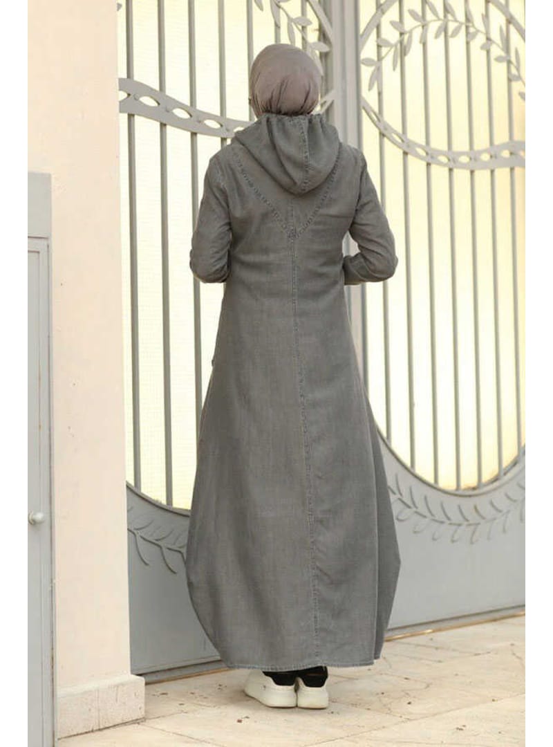 6034-Denim Kapşonlu Elbise Gri - Resim 4