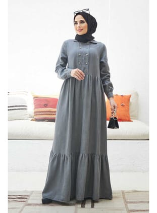 6593- Denim Tensel Elbise Gri
