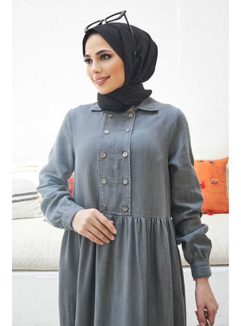 6593- Denim Tensel Elbise Gri - Resim 3