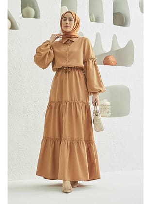 6567-Carla Büzgülü Elbise Camel