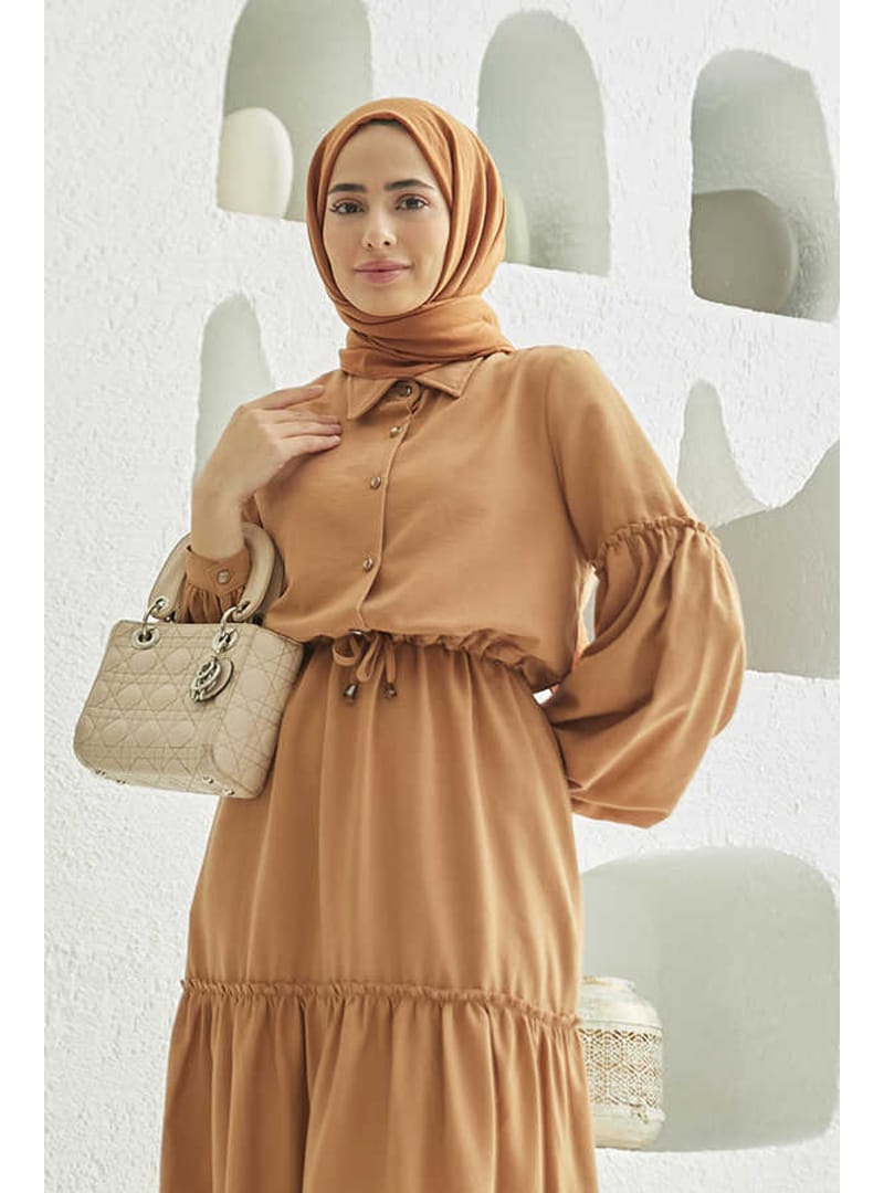 6567-Carla Büzgülü Elbise Camel - Resim 2