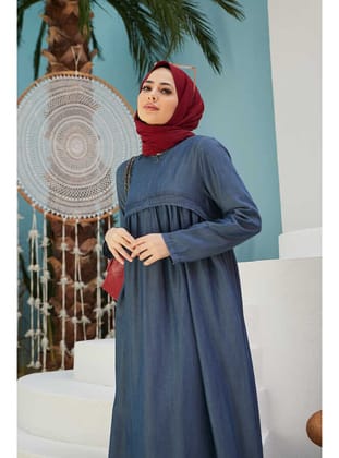 6598-Denim Büzgülü Tensel Elbise Koyu Mavi