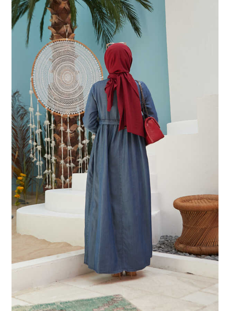 6598-Denim Büzgülü Tensel Elbise Koyu Mavi - Resim 2