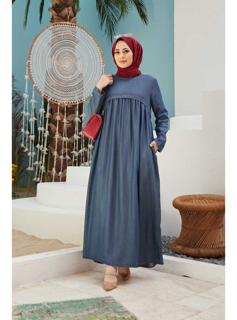6598-Denim Büzgülü Tensel Elbise Koyu Mavi - Resim 3