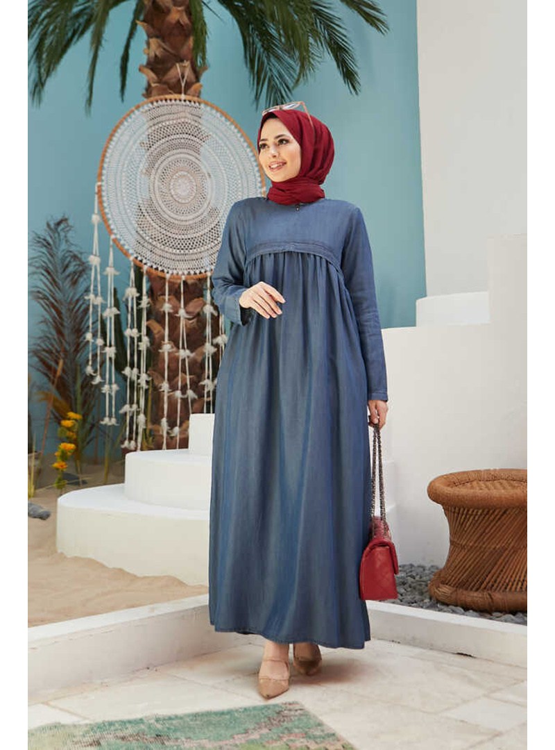 6598-Denim Büzgülü Tensel Elbise Koyu Mavi - Resim 4