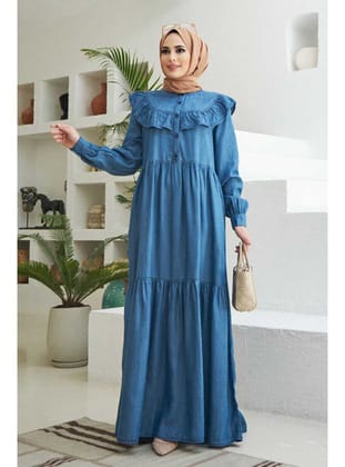 6594-Denim Fırfırlı Tensel Elbise Koyu Mavi