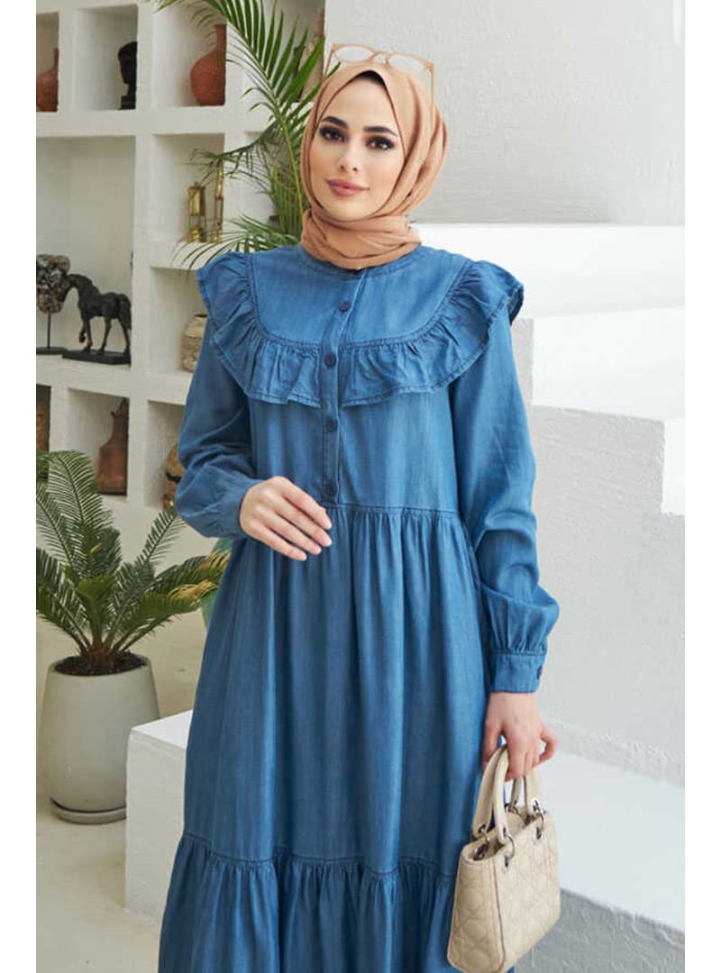6594-Denim Fırfırlı Tensel Elbise Koyu Mavi - Resim 2