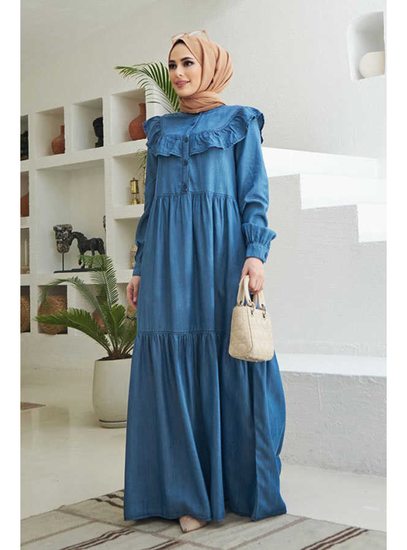 6594-Denim Fırfırlı Tensel Elbise Koyu Mavi - Resim 3