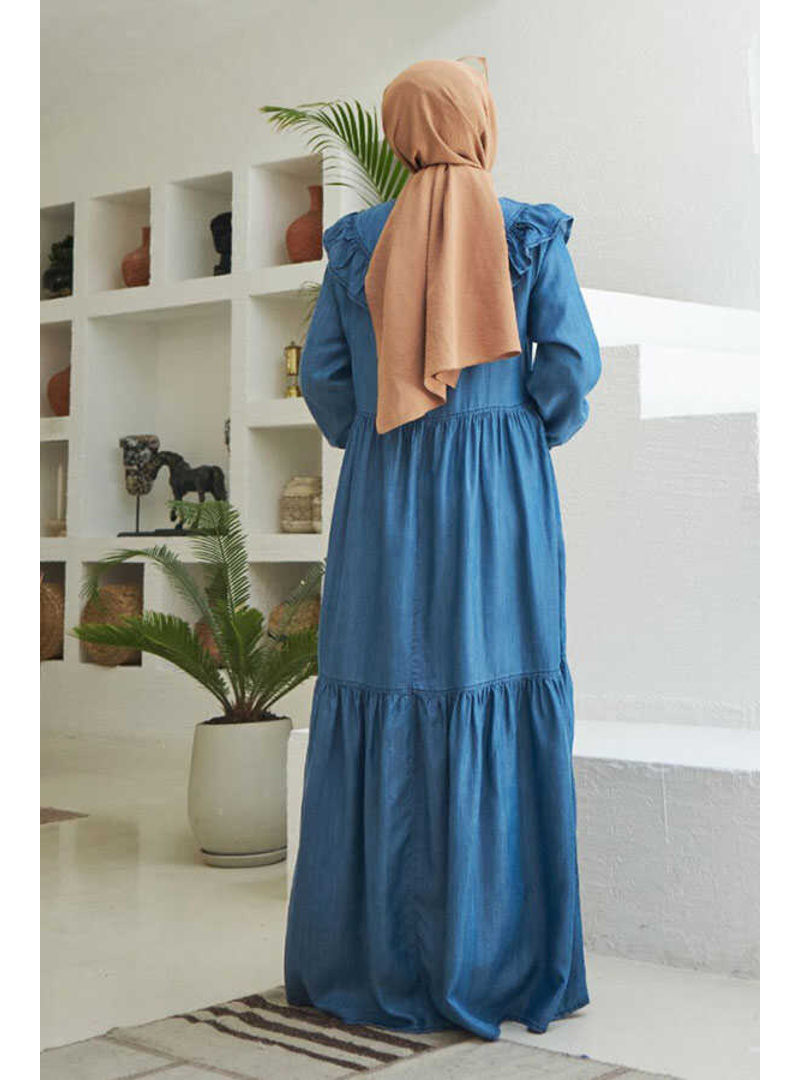 6594-Denim Fırfırlı Tensel Elbise Koyu Mavi - Resim 4