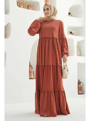 6510-Ancelina Büzgülü Elbise Taba
