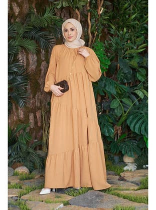6614-Büzgülü Berlin Elbise Camel