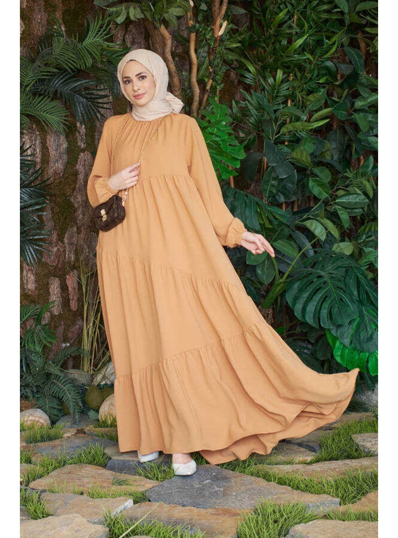 6614-Büzgülü Berlin Elbise Camel - Resim 2