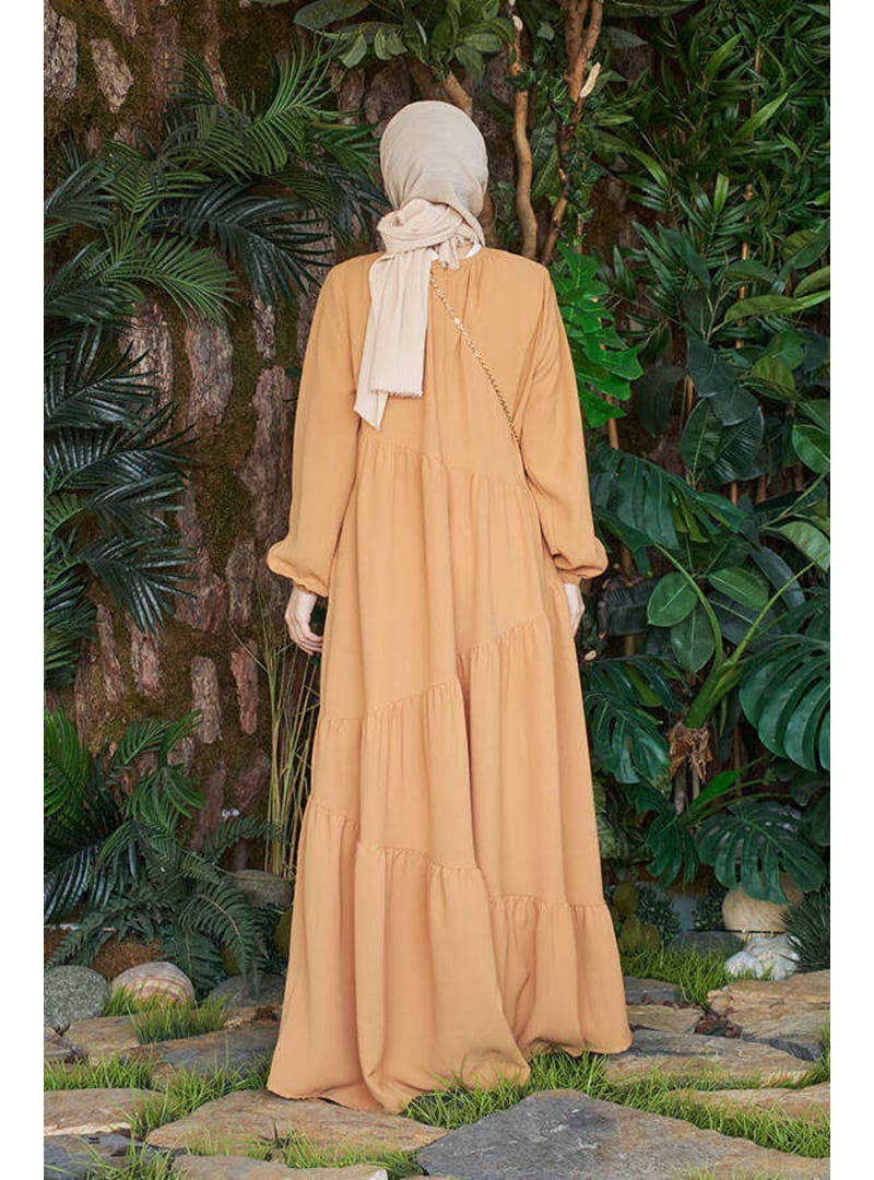 6614-Büzgülü Berlin Elbise Camel - Resim 4