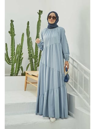 6614-Denim Büzgülü Tensel Elbise Mavi
