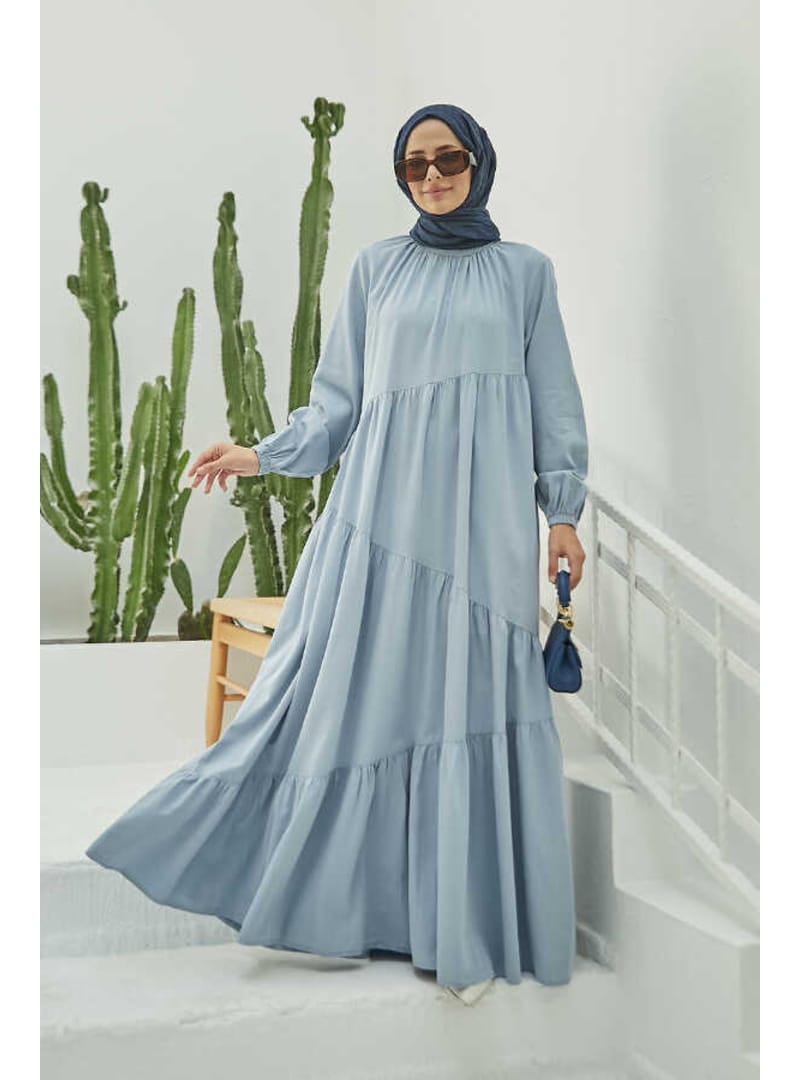 6614-Denim Büzgülü Tensel Elbise Mavi - Resim 2