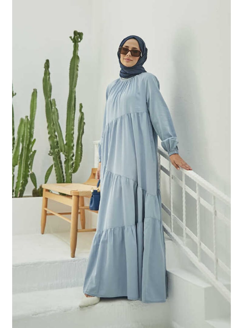 6614-Denim Büzgülü Tensel Elbise Mavi - Resim 3