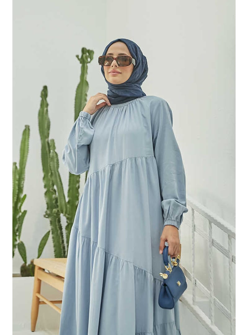 6614-Denim Büzgülü Tensel Elbise Mavi - Resim 4