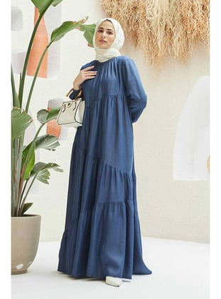 6614-Denim Büzgülü Tensel Elbise Koyu Mavi
