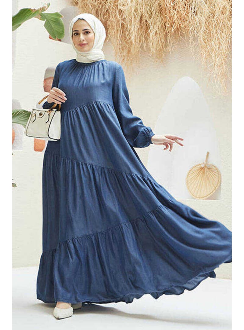 6614-Denim Büzgülü Tensel Elbise Koyu Mavi - Resim 2