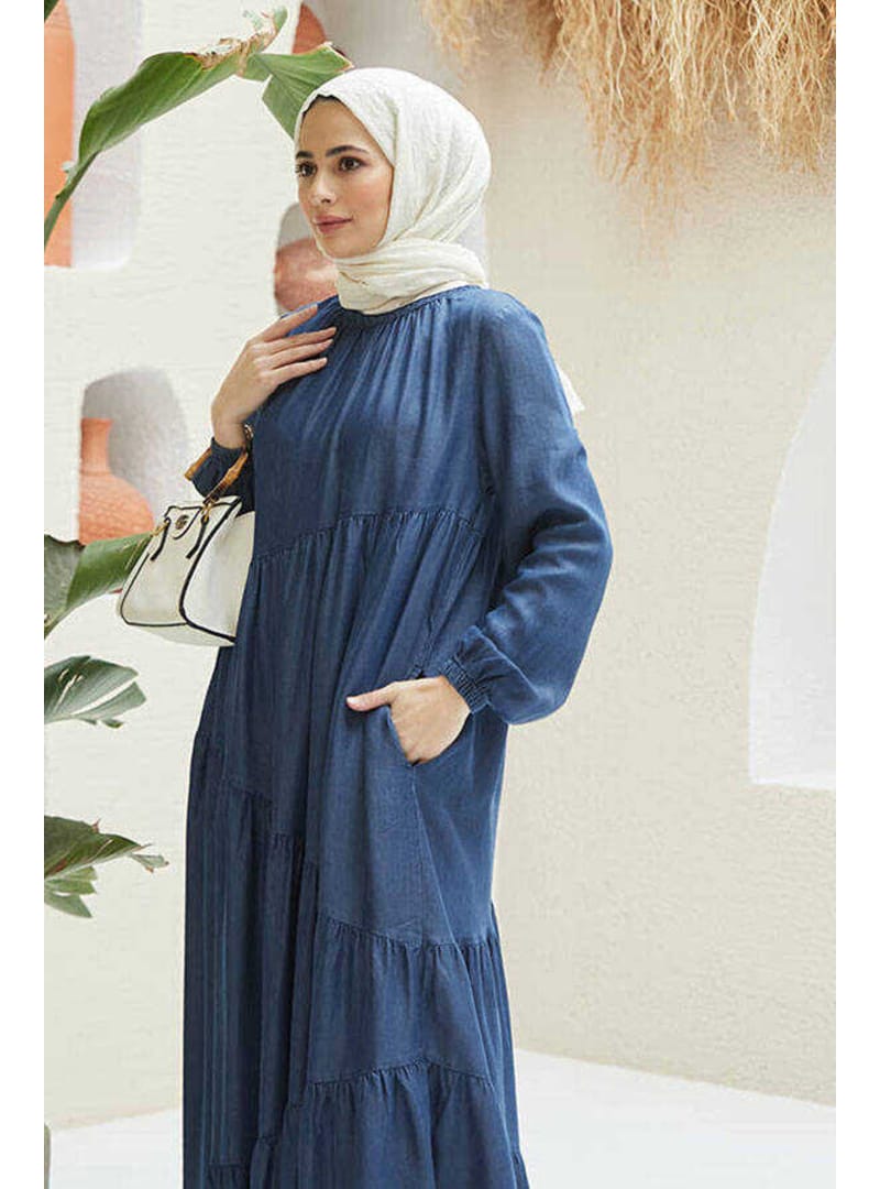 6614-Denim Büzgülü Tensel Elbise Koyu Mavi - Resim 3