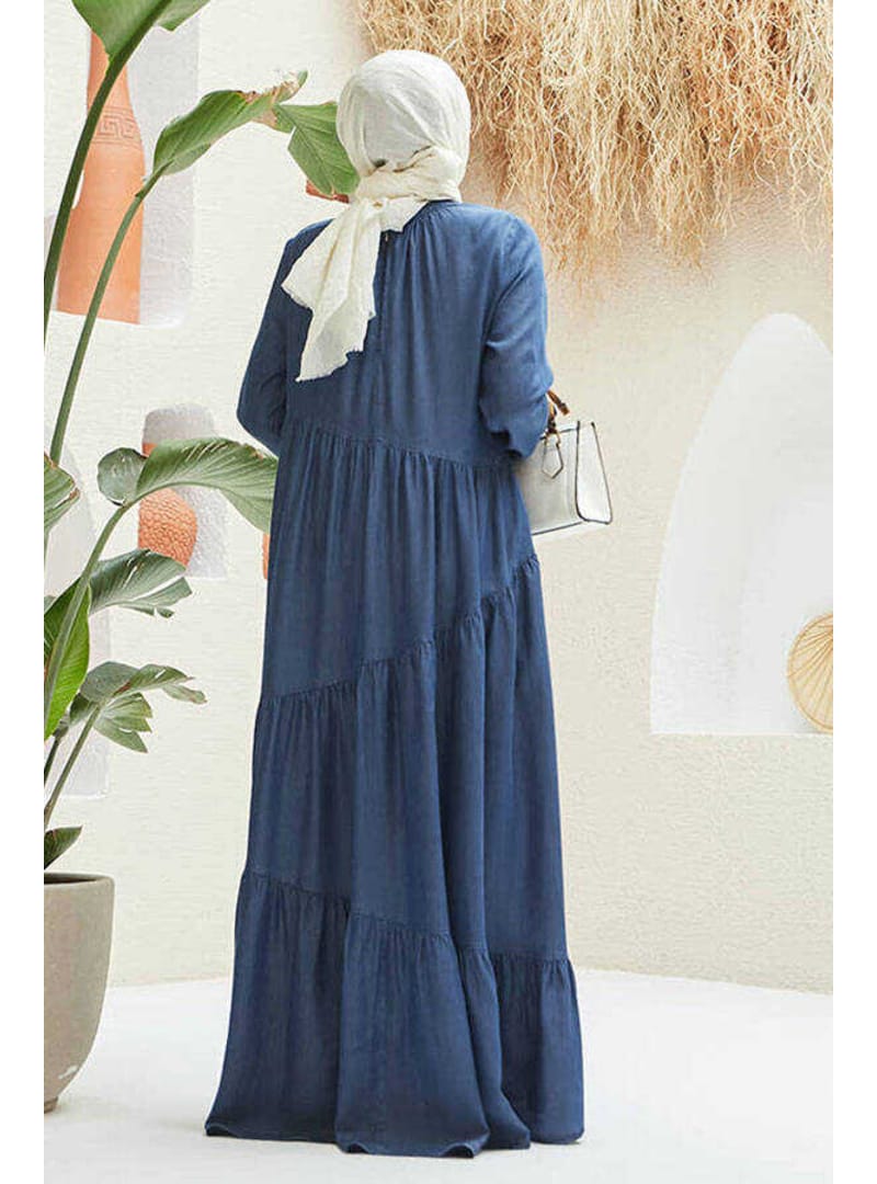6614-Denim Büzgülü Tensel Elbise Koyu Mavi - Resim 4