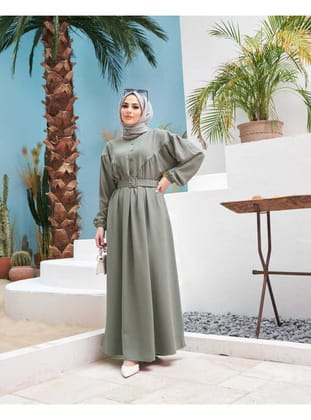 6586-Krep Büzgülü Elbise Mint Yeşili
