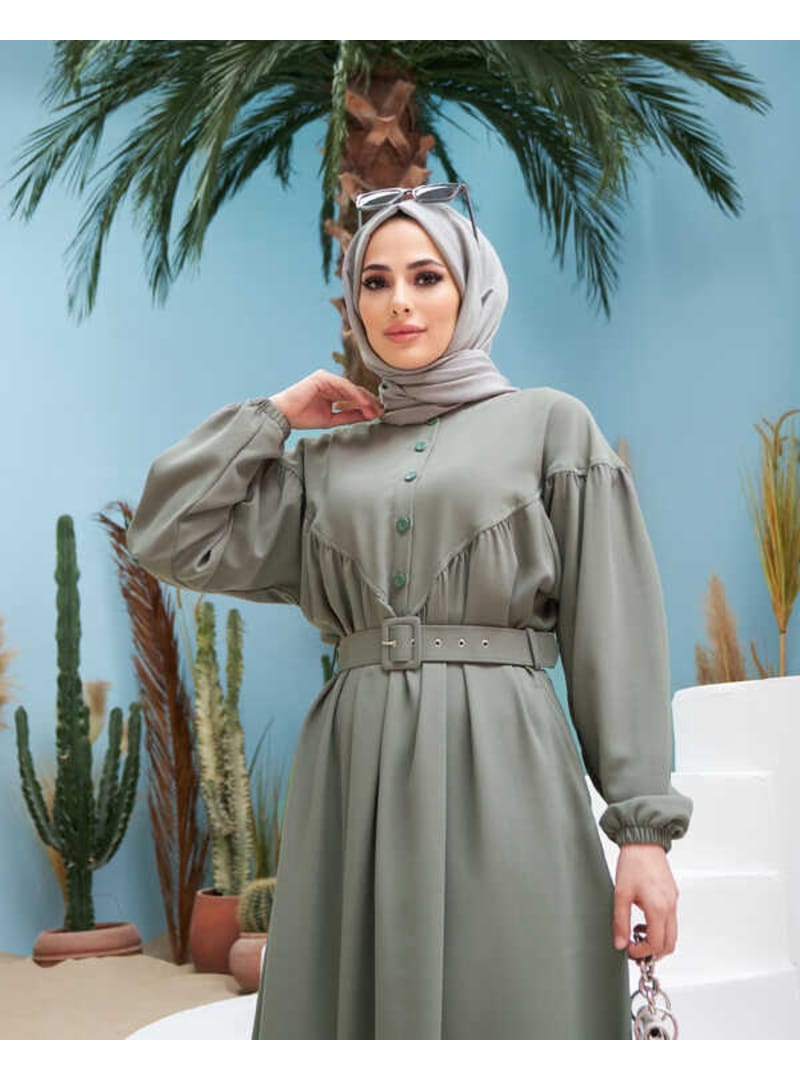 6586-Krep Büzgülü Elbise Mint Yeşili - Resim 3