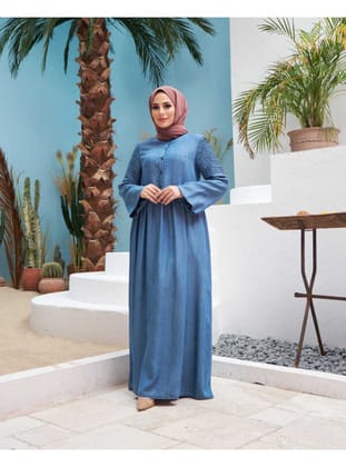 6591-Denim Kolları Nervürlü Elbise Koyu Mavi
