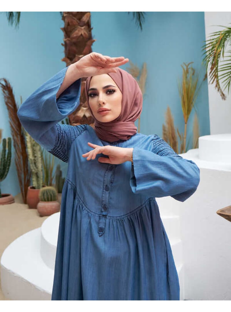 6591-Denim Kolları Nervürlü Elbise Koyu Mavi - Resim 2