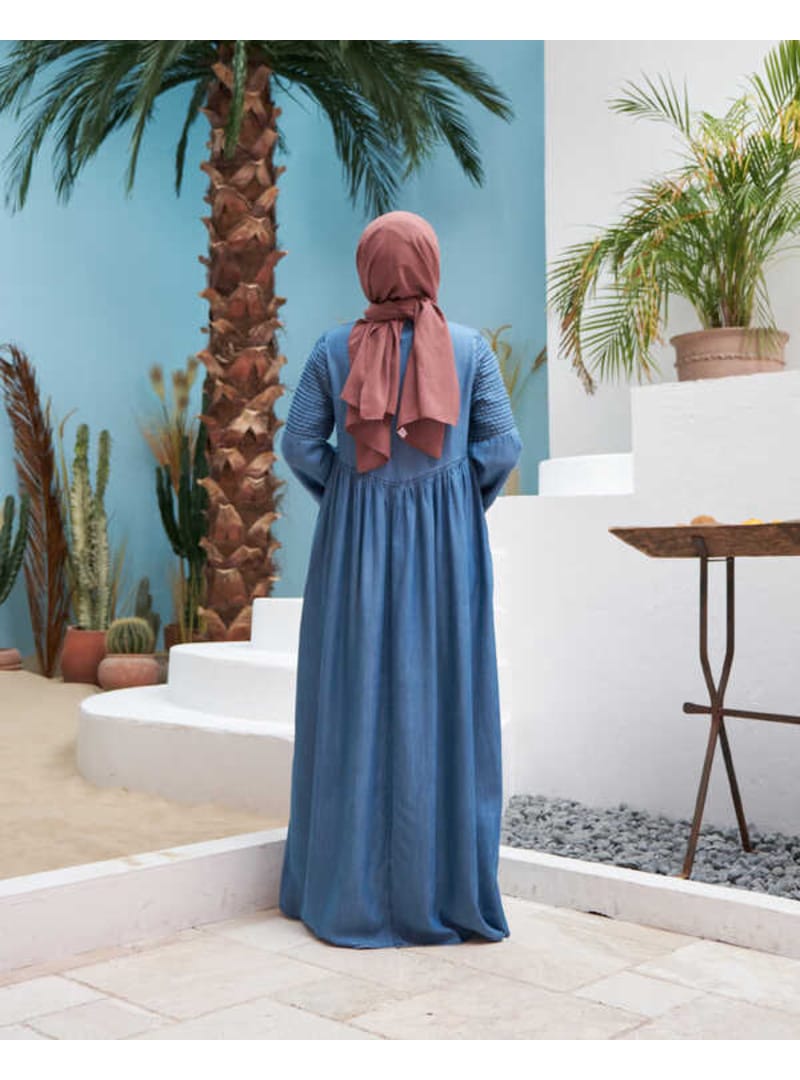 6591-Denim Kolları Nervürlü Elbise Koyu Mavi - Resim 3