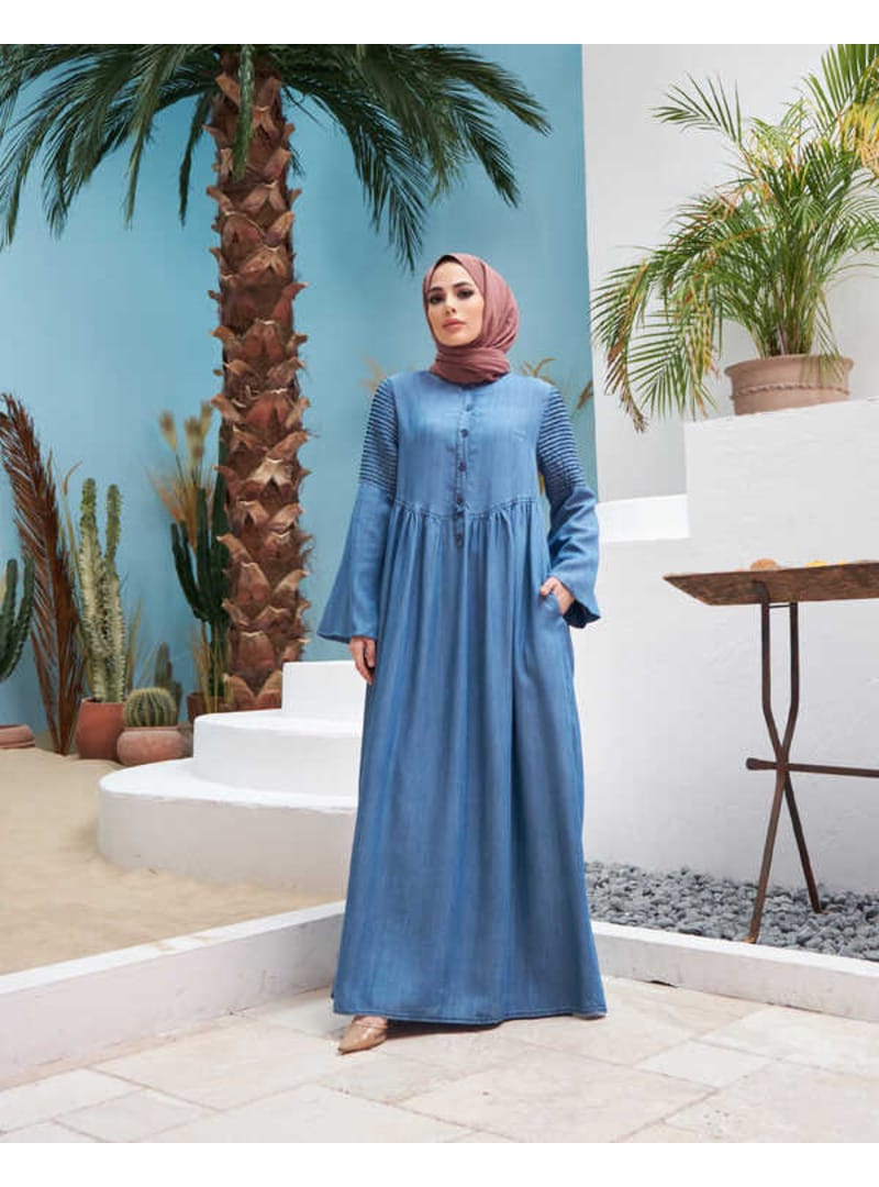 6591-Denim Kolları Nervürlü Elbise Koyu Mavi - Resim 4