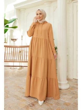 6531-Berlin Kapşonlu Reglan Kollu Elbise Camel