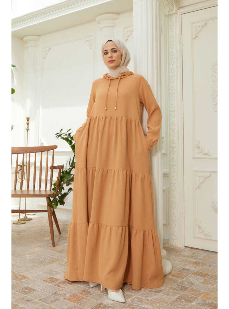 6531-Berlin Kapşonlu Reglan Kollu Elbise Camel - Resim 2
