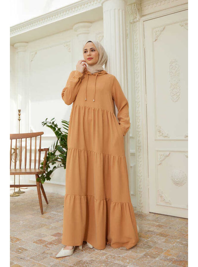 6531-Berlin Kapşonlu Reglan Kollu Elbise Camel - Resim 3