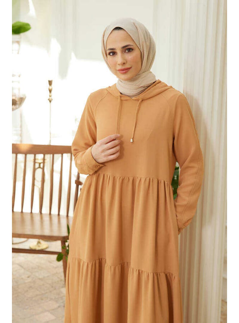 6531-Berlin Kapşonlu Reglan Kollu Elbise Camel - Resim 4