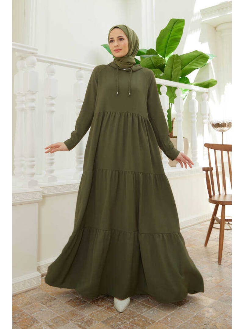 6531-Berlin Kapşonlu Reglan Kollu Elbise Haki - Resim 3