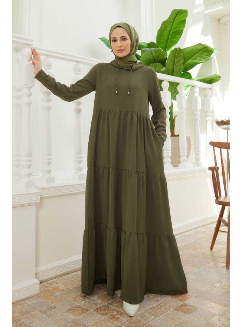 6531-Berlin Kapşonlu Reglan Kollu Elbise Haki - Resim 4