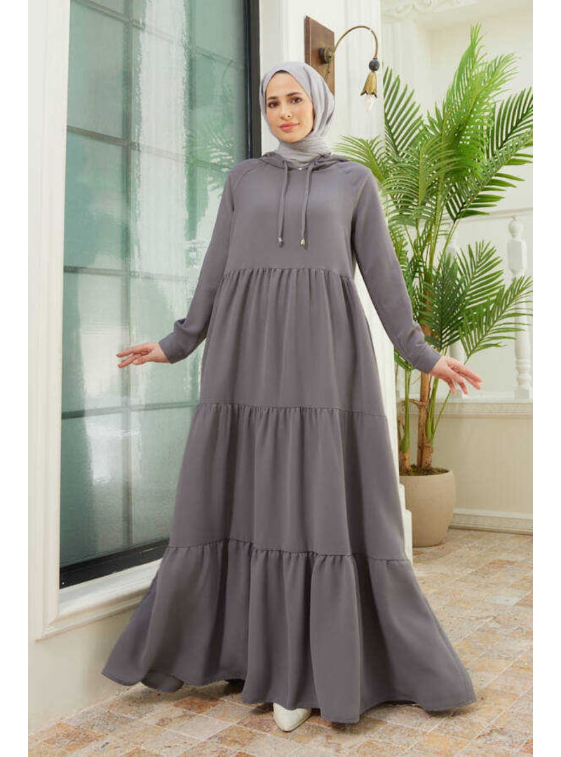 6531-Berlin Kapşonlu Reglan Kollu Elbise Gri - Resim 2