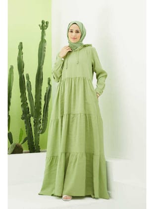 6531-Modal Kapşonlu Reglan Kollu Elbise Fıstık Yeşili