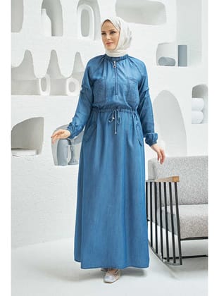 6501-Taşlı Denim Reglan Kollu Elbise Koyu Mavi