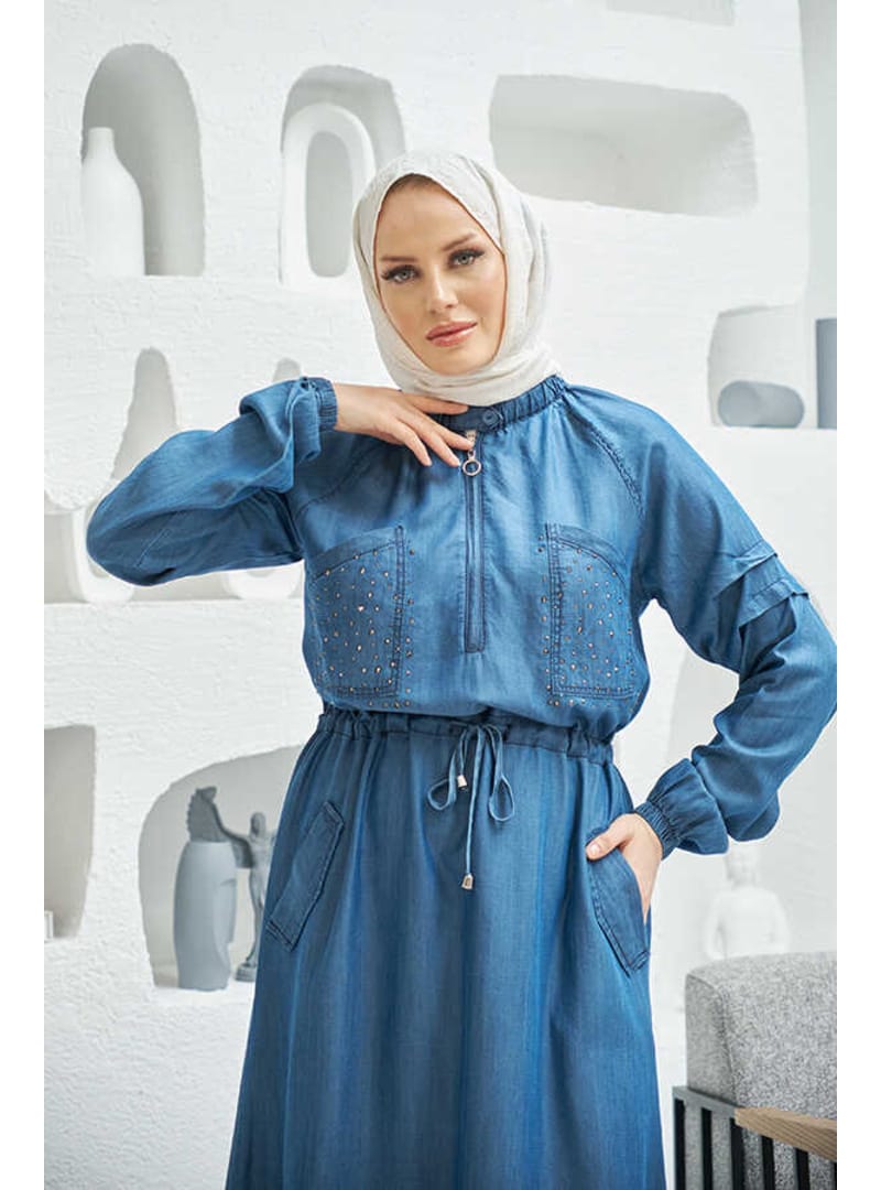 6501-Taşlı Denim Reglan Kollu Elbise Koyu Mavi - Resim 3